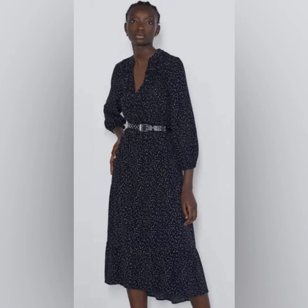 zara black and white long sleeve dress ZARA NWT PRINTED MAXI DRESS BLACK Ecru XS,S,M